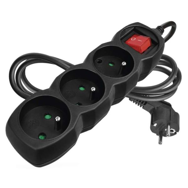 Predlžovací kábel 1,5 m / 3 zásuvky / s vypínačom / čierny / PVC / 1 mm2