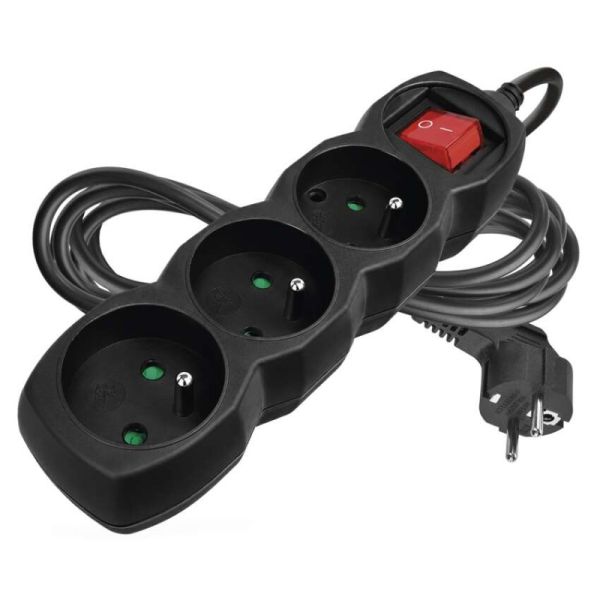 Predlžovací kábel 3 m / 3 zásuvky / s vypínačom / čierny / PVC / 1,5 mm2