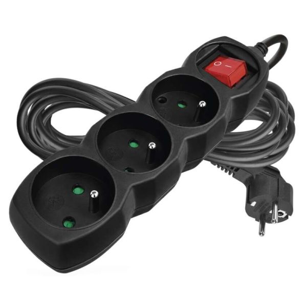 Predlžovací kábel 5 m / 3 zásuvky / s vypínačom / čierny / PVC / 1,5 mm2