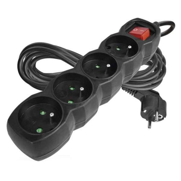 Predlžovací kábel 5 m / 4 zásuvky / s vypínačom / čierny / PVC / 1,5 mm2