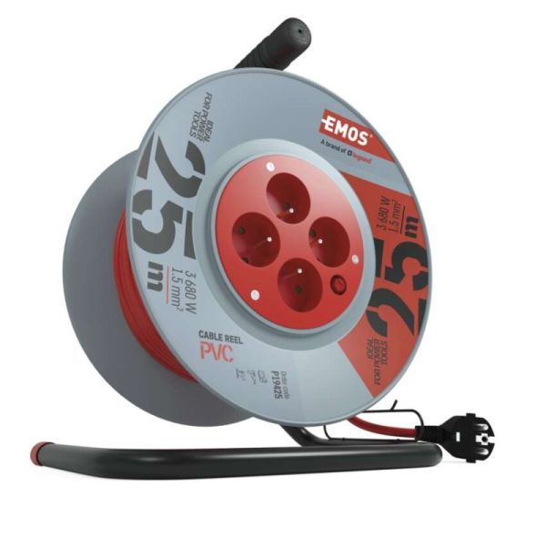 Predlžovací kábel na bubne 25 m / 4 zásuvky / červený / PVC / 230 V / 1,5 mm2