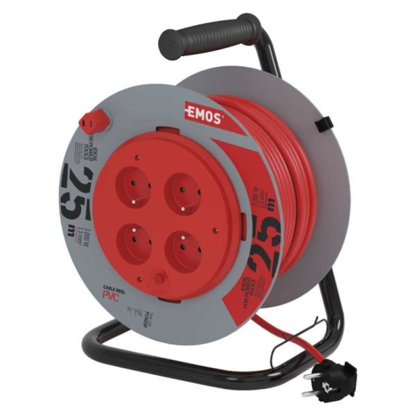 Predlžovací kábel na bubne 25 m / pevný stred / 4 zásuvky / červený / PVC / 230 V / 1,5mm2