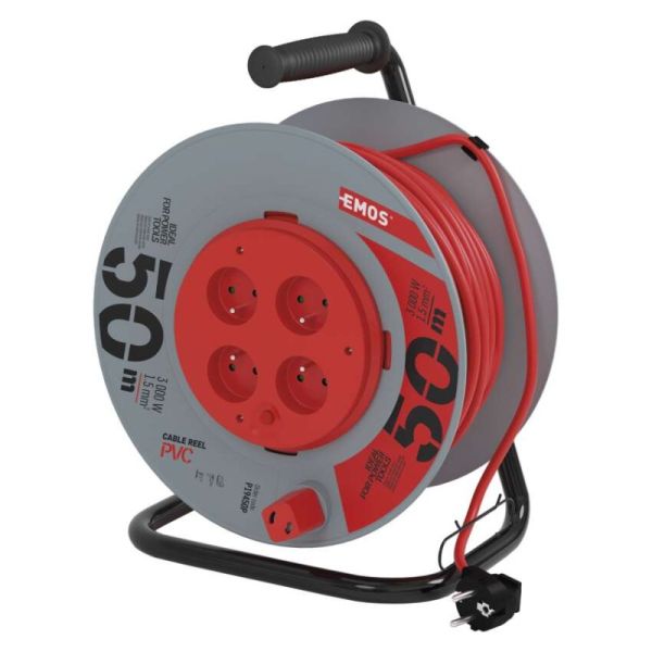 Predlžovací kábel na bubne 50 m / pevný stred / 4 zásuvky / červený / PVC / 230 V / 1,5mm2