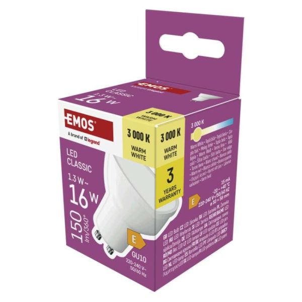 LED žiarovka Classic MR16 biela/ GU10 / 1,3 W (16 W) / 150 lm / Teplá biela