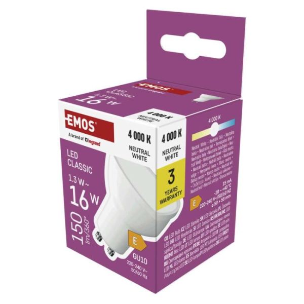 LED žiarovka Classic MR16 biela/ GU10 / 1,3 W (16 W) / 150 lm / Neutrálna biela