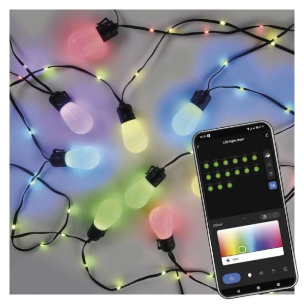 GoSmart LED svetelný reťazec – 15× párty žiarovky, 15 m, vonkajšie aj vnútorné, RGBIC WiFi