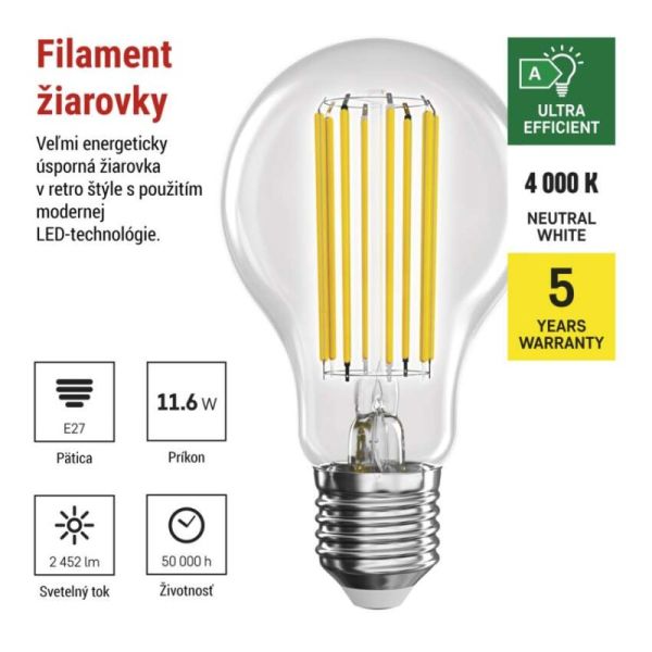 LED žiarovka Filament A70 / E27 / 11.6 W (150 W) / 2 452 lm / neutrálna biela / A CLASS