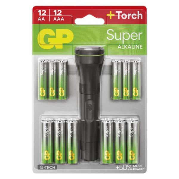 Alkalická batéria GP SUPER AA 12 + AAA 12 + baterka BL