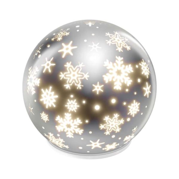 LED vianočná sklenená guľa – vločky, 12 cm, 3x AA, vnútorný, teplá biela, časovač