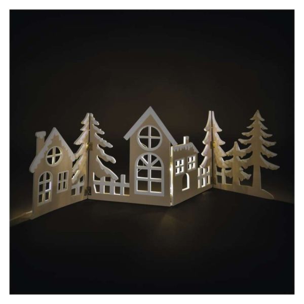 LED dekorácia drevená –  vesnička, 60 cm, 2x AA, teplá biela, časovač
