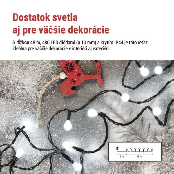 LED vianočná cherry reťaz–guličky, 48 m, vonkajšia aj vnútorná, st. biela, programy, čas
