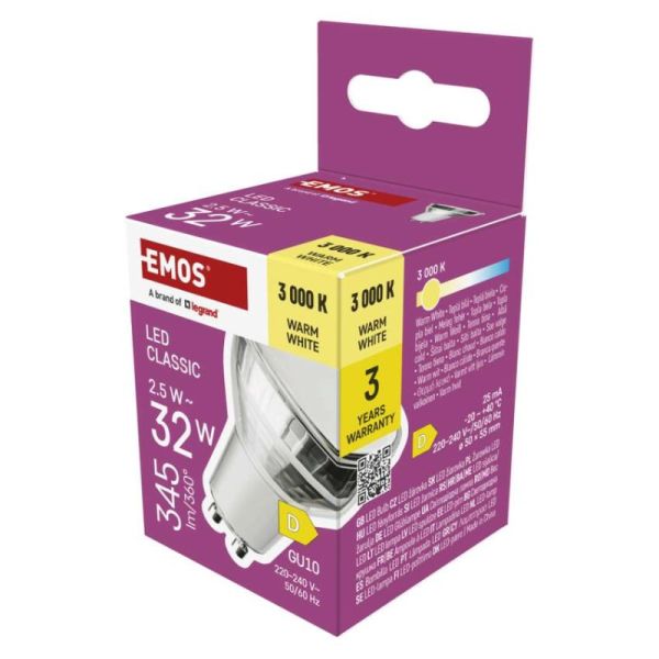 LED žiarovka Classic MR16 biela/ GU10 / 2.5 W (32 W) / 345 lm / Teplá biela