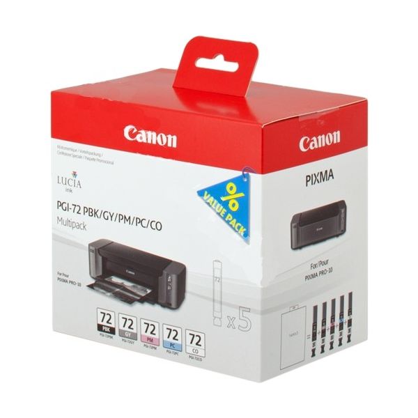 Cartridge Canon PGI-72, fotografická čierna, azúrová, purpurová, sivá, optimalizátor farieb, päťbalenie, multipack, originál